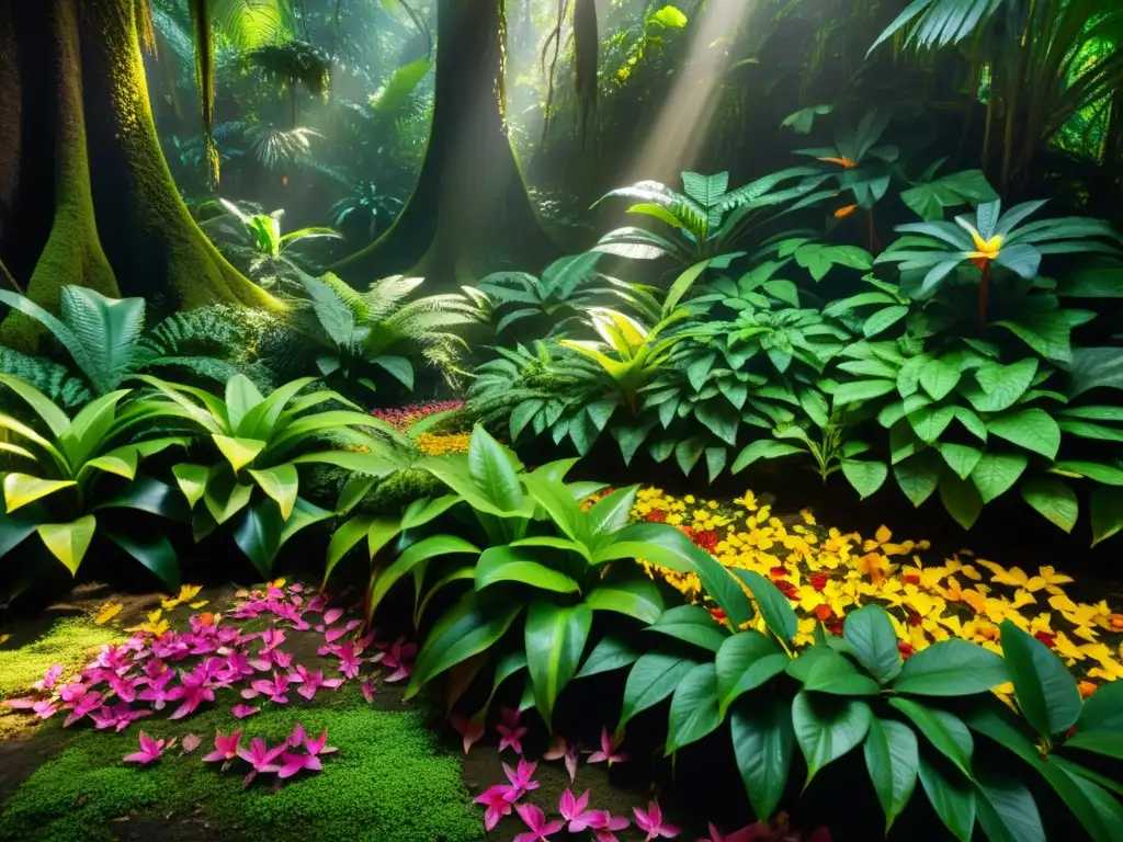Selva tropical: biodiversidad en el suelo Detalle fascinante del suelo de la selva tropical, con una diversidad de plantas, flores y fauna