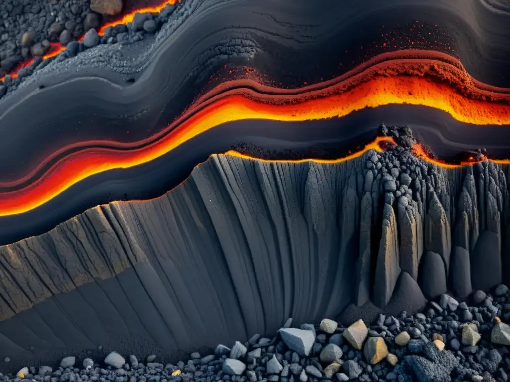 Detalle de una formación rocosa volcánica, revelando capas de ceniza, lava y sedimento