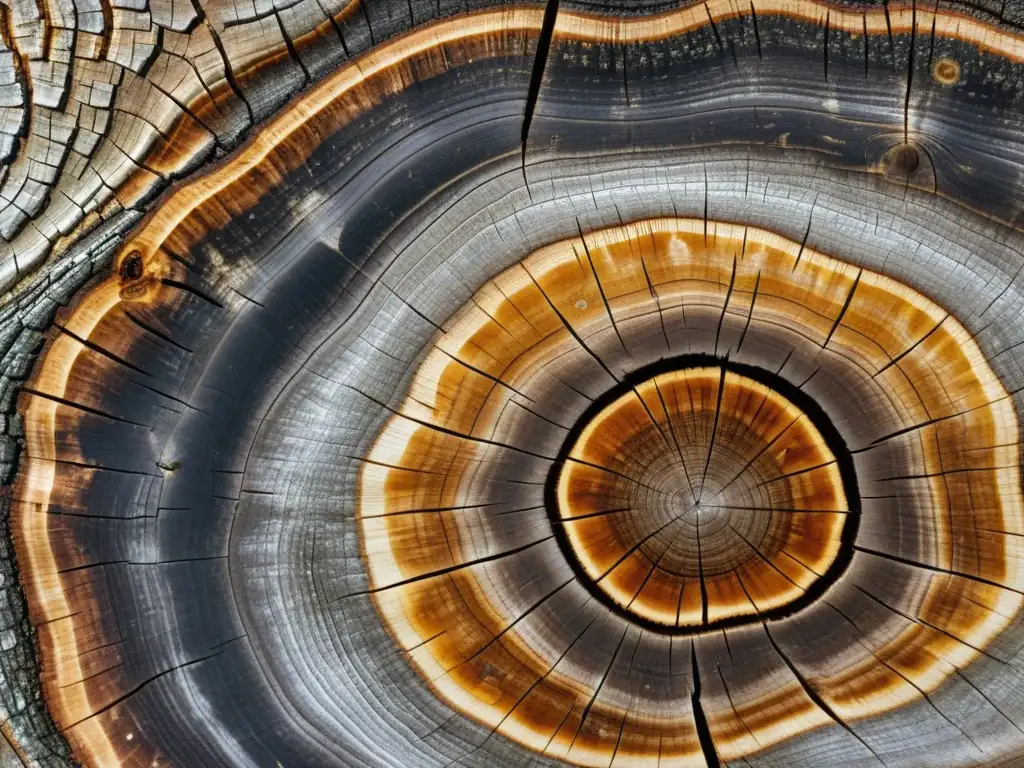 Patrones detallados de anillos de árbol centenario Detalle impresionante de los anillos de un árbol centenario, revelando secretos climáticos y la belleza natural de su historia