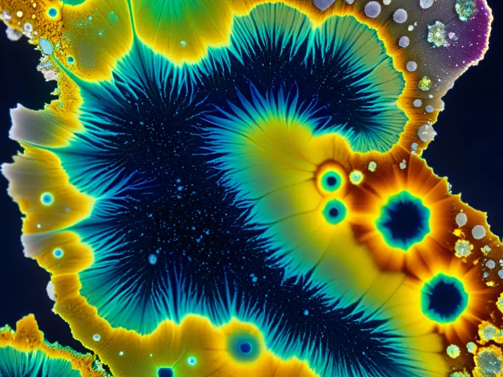 Microscopio revela cristales y minerales en detallado Detalle impresionante de cristales y minerales en una muestra de roca bajo microscopio