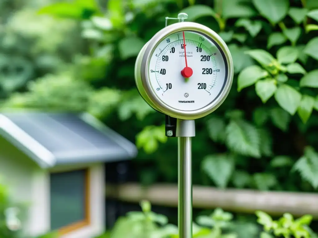 Detalle de estación meteorológica casera artesanal con anemómetro, pluviómetro y termómetro, en un exuberante jardín