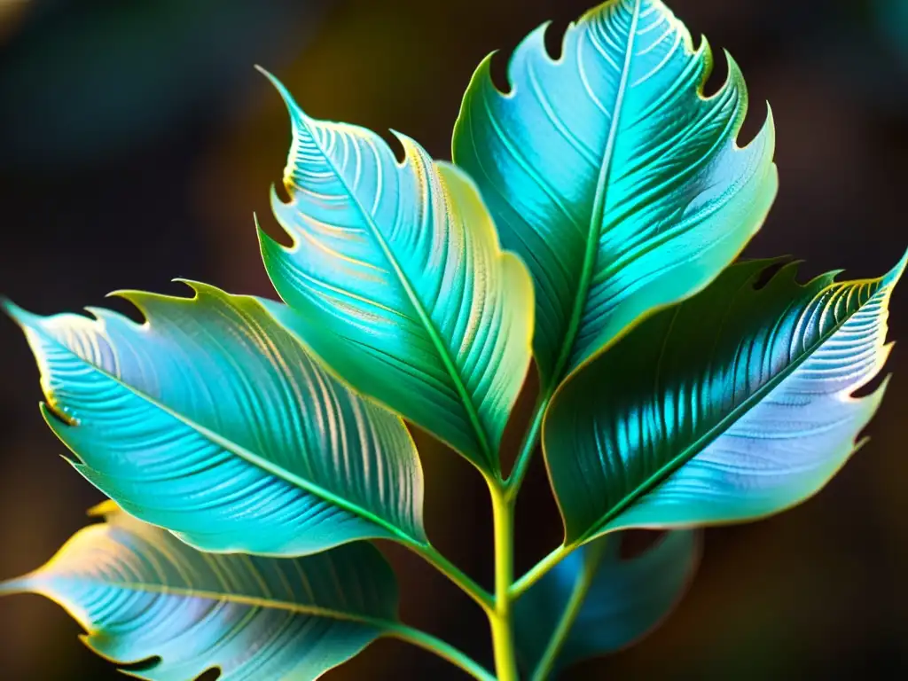 Planta mística con hojas iridiscentes y flores luminosas Detalle de planta rara con poderes ocultos, hojas iridiscentes, tallos metálicos y flores brillantes que emiten luz etérea