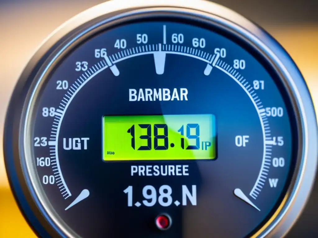 Medición precisa de presión atmosférica en milibares Detalle preciso del barómetro mostrando impacto de presión atmosférica en laboratorio científico