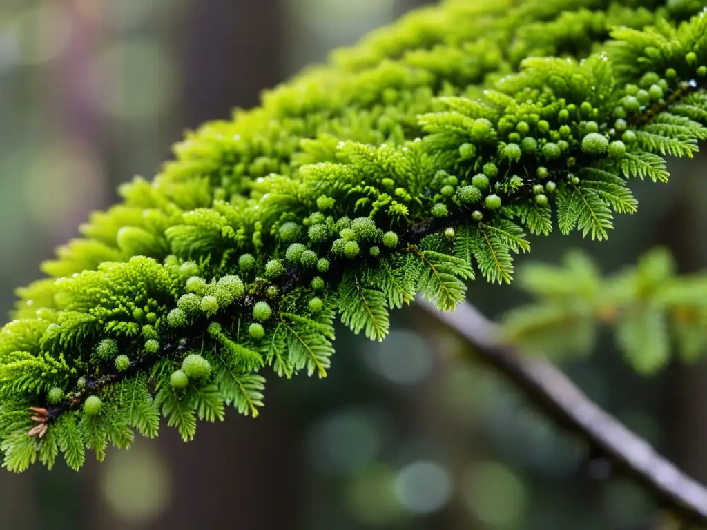 Detalles mágicos: musgo, flores y gotas de agua en el bosque Detalle de rama cubierta de musgo en bosque coníferas, con flora especializada y gotas de agua