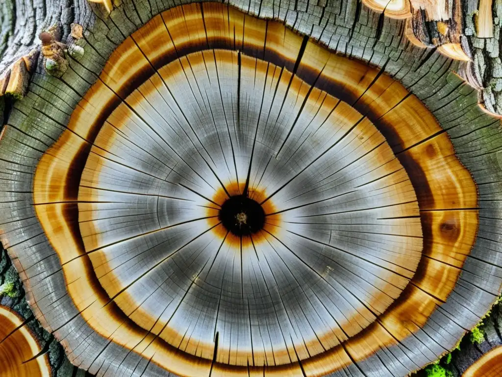 Detalles asombrosos del tronco de árbol: anillos de crecimiento Detalle de los secretos climáticos en los anillos de crecimiento de un árbol, con patrones variados y textura natural