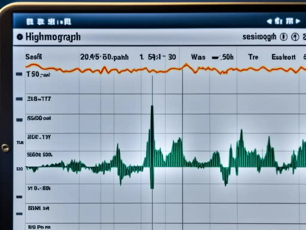 Detalle de un sismógrafo registrando un terremoto poderoso, con ondas sísmicas intensas y frecuentes