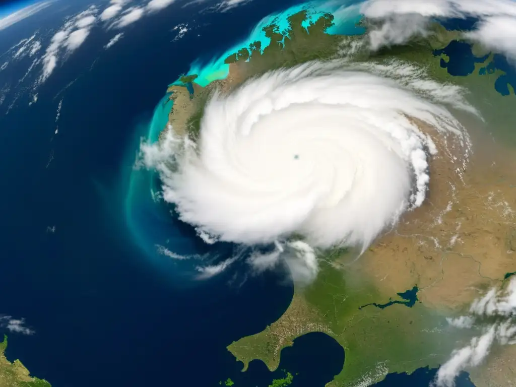 Detalle de un sistema meteorológico con nubes giratorias y formaciones distintas, mostrando áreas de precipitación