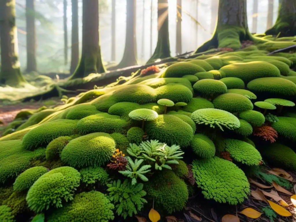 Biodiversidad en el Bosque de Coníferas: Detalles del Suelo Detalle vívido del suelo de un bosque de coníferas cubierto de musgo, mostrando una red de plantas, hongos y hojas caídas