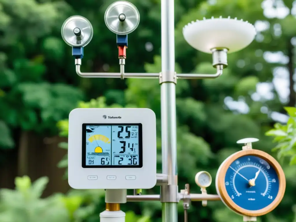 Detalles de estación meteorológica casera con sensores y apps, en un hermoso jardín bajo cielos azules