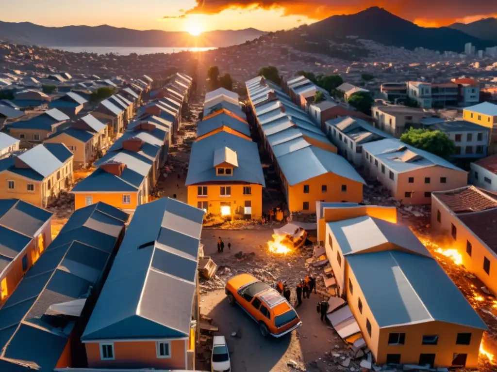Desastre tras terremoto: ciudad en ruinas al atardecer Devastación urbana tras terremoto, edificios colapsados, calles llenas de escombros y personas desplazadas en refugios improvisados