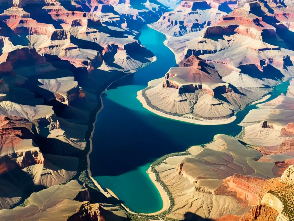 Esplendor del Gran Cañón: majestuosas formaciones geológicas Documental geología Gran Cañón: Imponente vista aérea del Gran Cañón con sus capas geológicas, sombras y el río Colorado