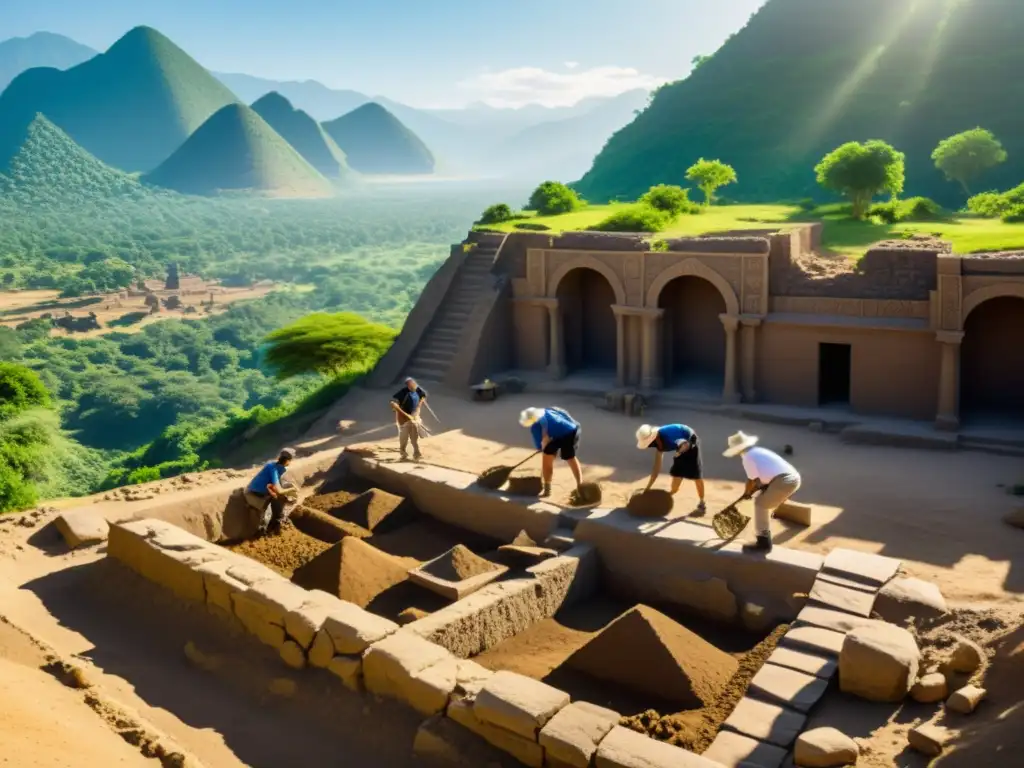 Excavación arqueológica revela ciudad antigua Equipo de arqueólogos desenterrando antiguas civilizaciones en un sitio arqueológico, rodeados de ruinas y artefactos