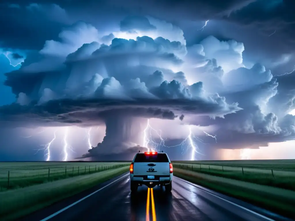 Equipo de cazadores de fenómenos meteorológicos extremos enfrentando una supercélula masiva con relámpagos y nubes turbulentas
