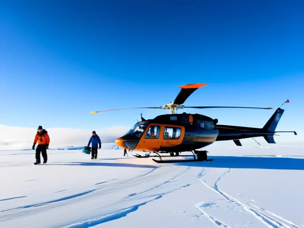 Expedición científica en Antártida: equipo descargando en paisaje helado Equipo científico en Antártida, preparando expediciones Antártida cambio climático en paisaje helado, bajo cielo azul