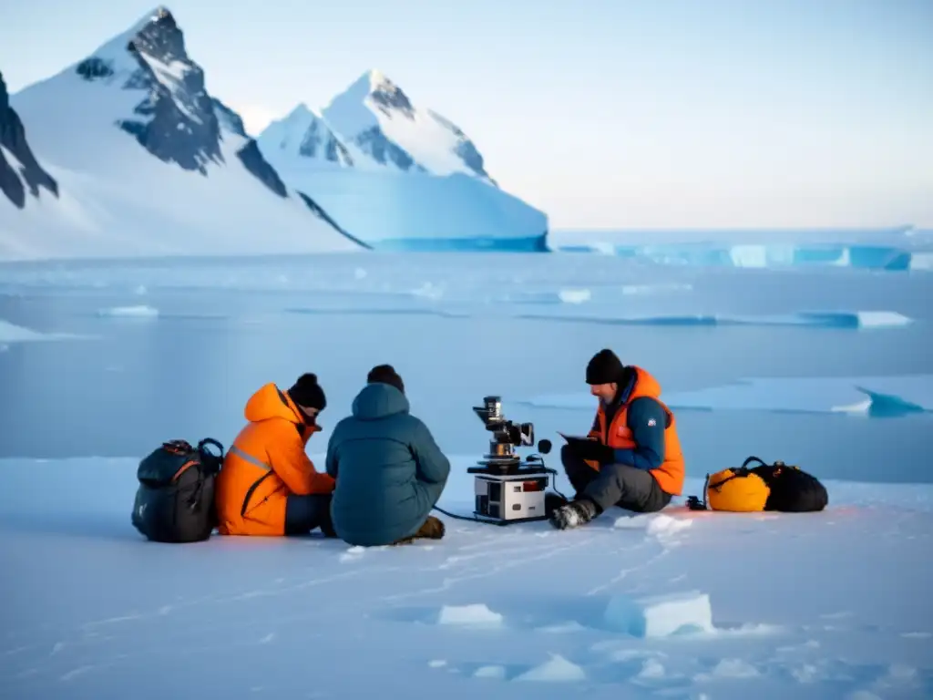 Expedición científica en la Antártida: descubriendo el frío extremo Equipo científico en Expediciones Antártida Cambio Climático, recabando datos en paisaje helado y discutiendo hallazgos