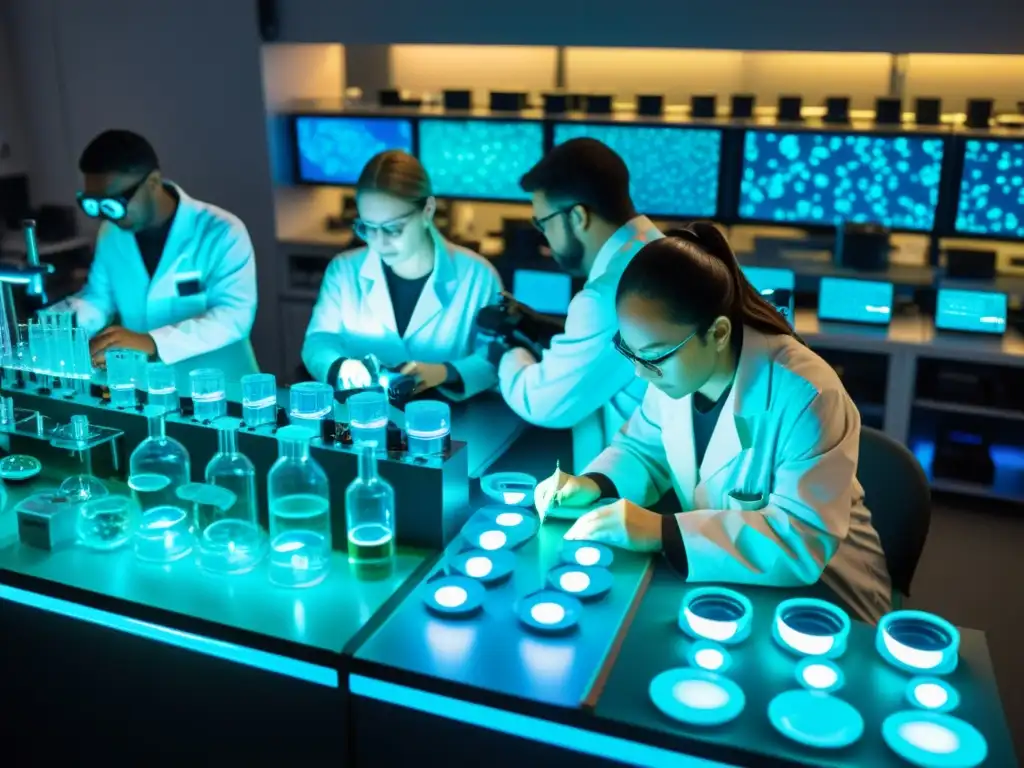 Estudio de bioluminiscencia en laboratorio de alta tecnología Equipo científico estudia organismos bioluminiscentes para aplicaciones biomiméticas de bioluminiscencia en tecnología