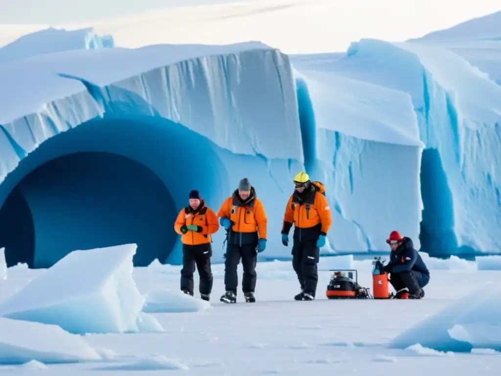 Expedición Antártica: Recolección de Muestras de Hielo Un equipo de científicos en la Antártida, recolectando muestras de hielo