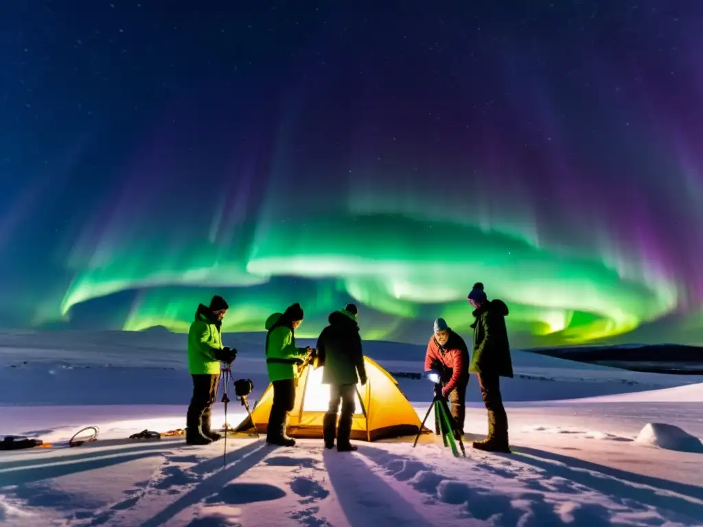 Equipo de científicos bajo auroras boreales Equipo de científicos montando equipo bajo la aurora boreal