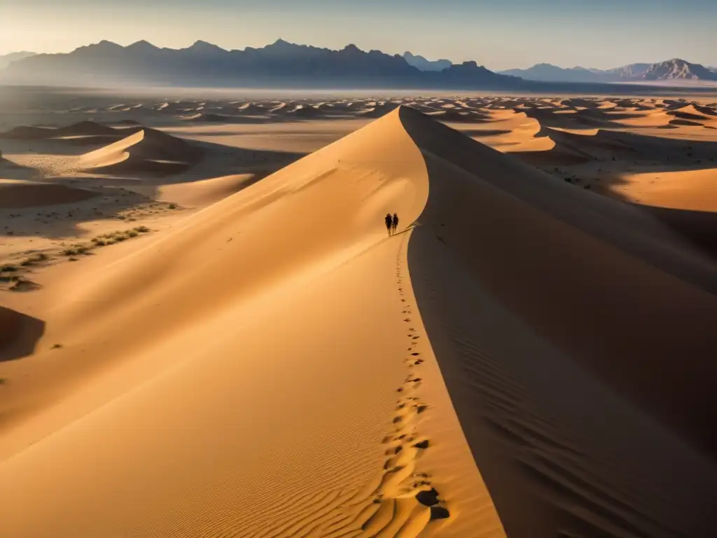 Exploración científica en el deslumbrante desierto dorado Un equipo de científicos busca minerales en un vasto y soleado desierto, rodeado de dunas y montañas