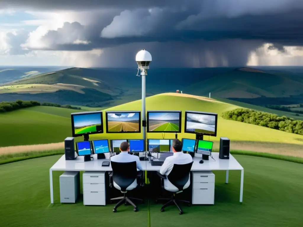 Un equipo de expertos en meteorología analiza datos en una estación meteorológica, con instrumentos de precisión y un paisaje impresionante de fondo