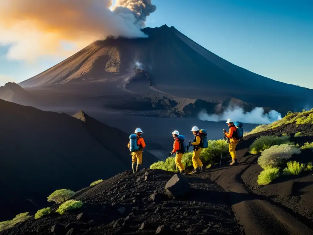 Un equipo de exploradores en terreno escabroso, recogiendo muestras y midiendo, con un volcán humeante de fondo