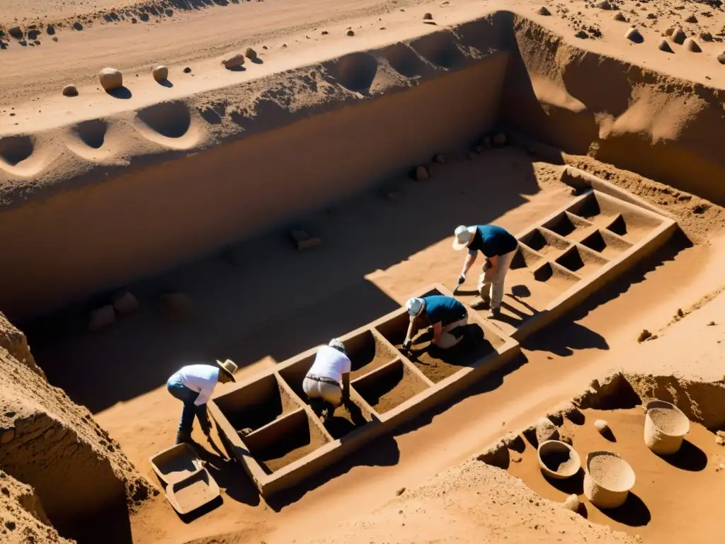 Excavación meticulosa: descubriendo reliquias antiguas Equipo arqueológico excavando reliquias en sitio remoto, evocando la meticulosidad de expediciones arqueológicas antiguas civilizaciones