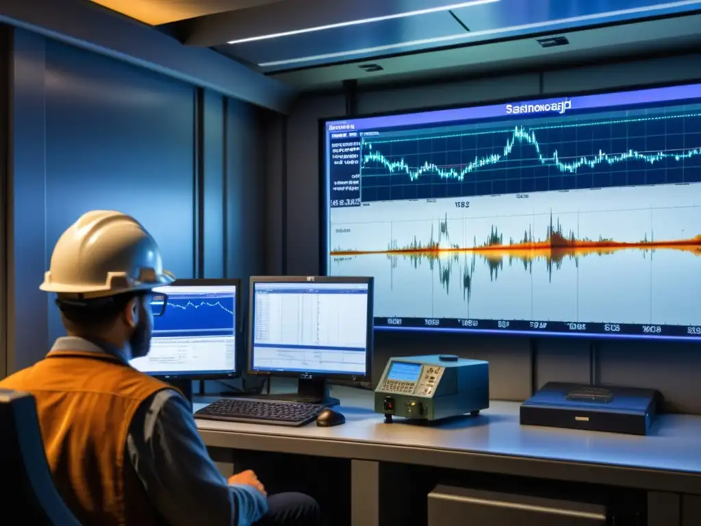 Monitorización detallada de sismos en profundidades Equipo de seismografía monitorea terremotos a gran profundidad en cámara subterránea iluminada tenue