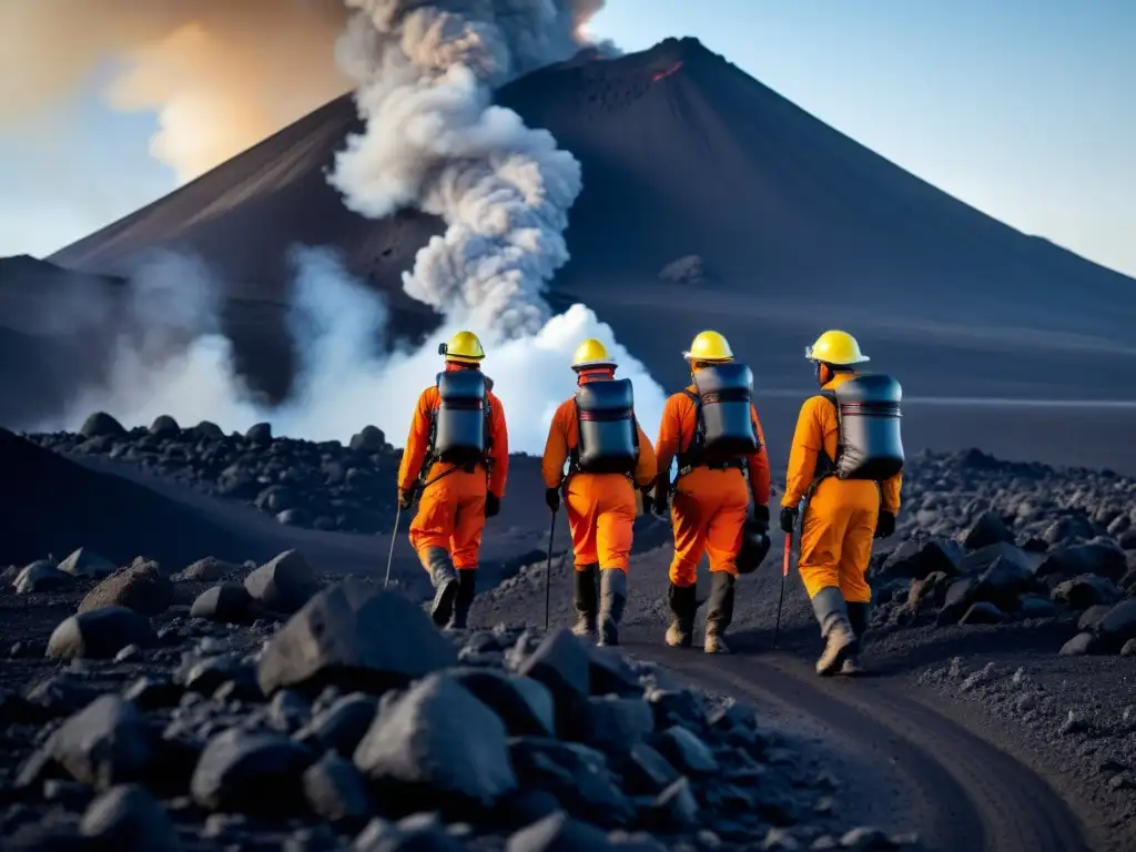 Equipo de volcanólogos en exploración detallada de volcanes naturales, documentando actividad volcánica con determinación