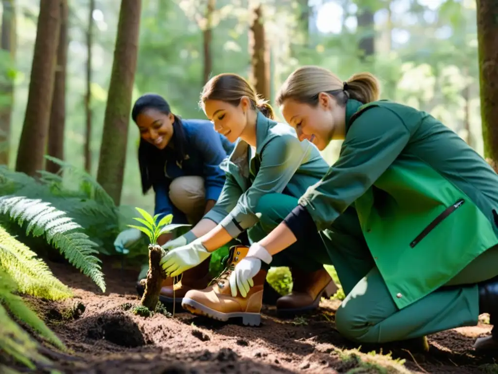Reforestación en bosque biodiverso: voluntarios trabajando juntos Un equipo de voluntarios planta árboles en un frondoso bosque, promoviendo la conservación en destinos de ecoturismo