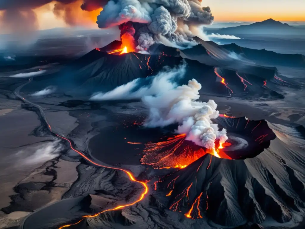 Una erupción volcánica masiva: plumes de ceniza y humo, lava ardiente y el resplandor ígneo iluminando el paisaje