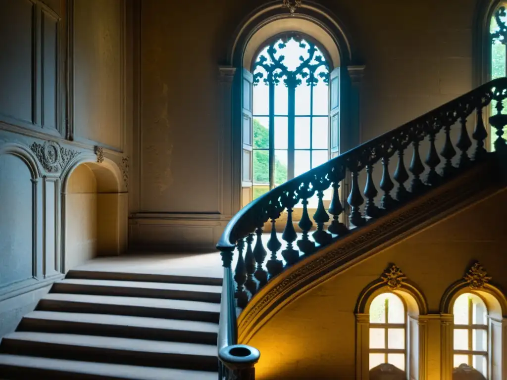 Escalera fantasmal en el Château de Brissac Escalera majestuosa del abandonado Château de Brissac, Francia, evocando leyendas de fantasmas en palacios y castillos europeos