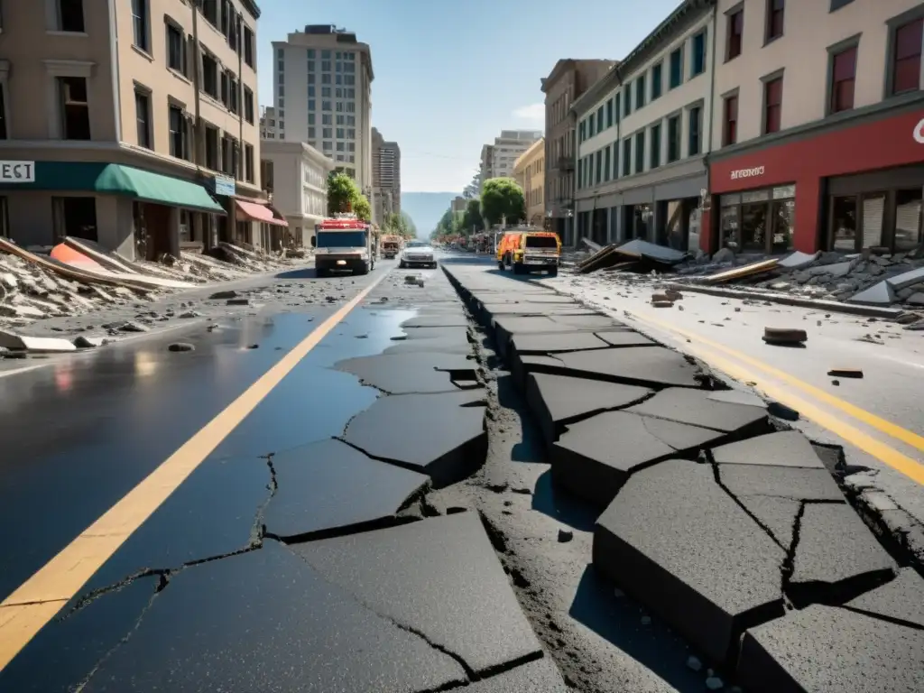 Devastación sísmica: Caos en la ciudad tras terremoto Escena caótica en la ciudad tras amenaza sísmica: edificios derrumbados, calles agrietadas y equipos de emergencia asistiendo heridos