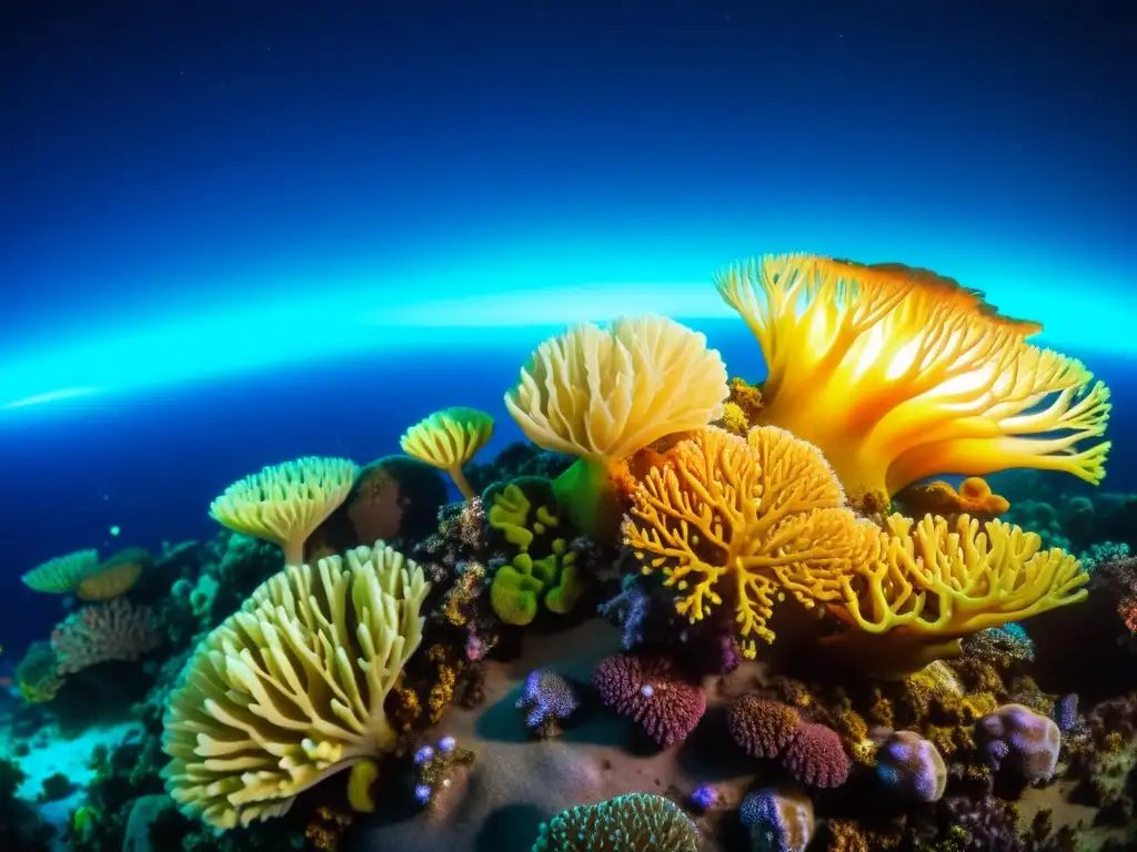 Refulgente coral nocturno: vida marina en bioluminiscencia Una escena nocturna hipnótica de vida coralina con organismos bioluminiscentes y criaturas marinas en su comportamiento nocturno