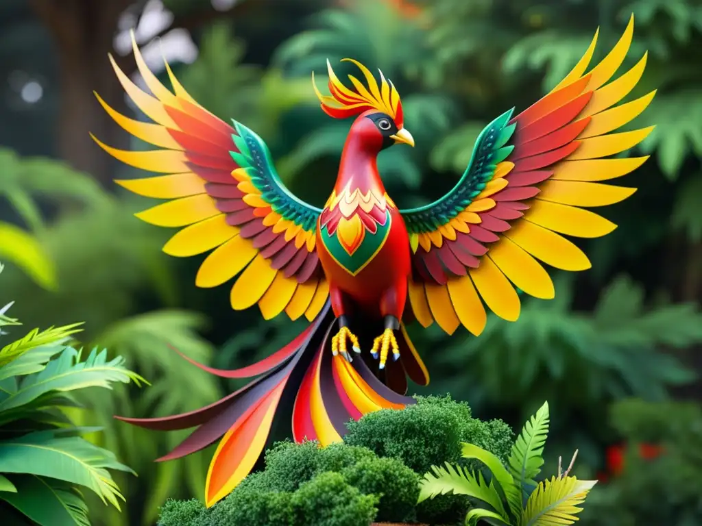 Fotografía impactante de una escultura de fénix Escultura vibrante de un fénix con detalles intrincados y colores vivos, simbolizando el significado del ave fénix en diferentes culturas