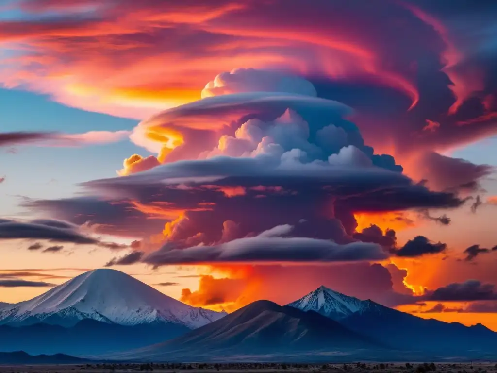 Atardecer vibrante con nubes lenticulares en 8k Espectacular imagen 8k de nubes lenticulares en un atardecer vibrante, fenómenos naturales capturados con detalle impresionante