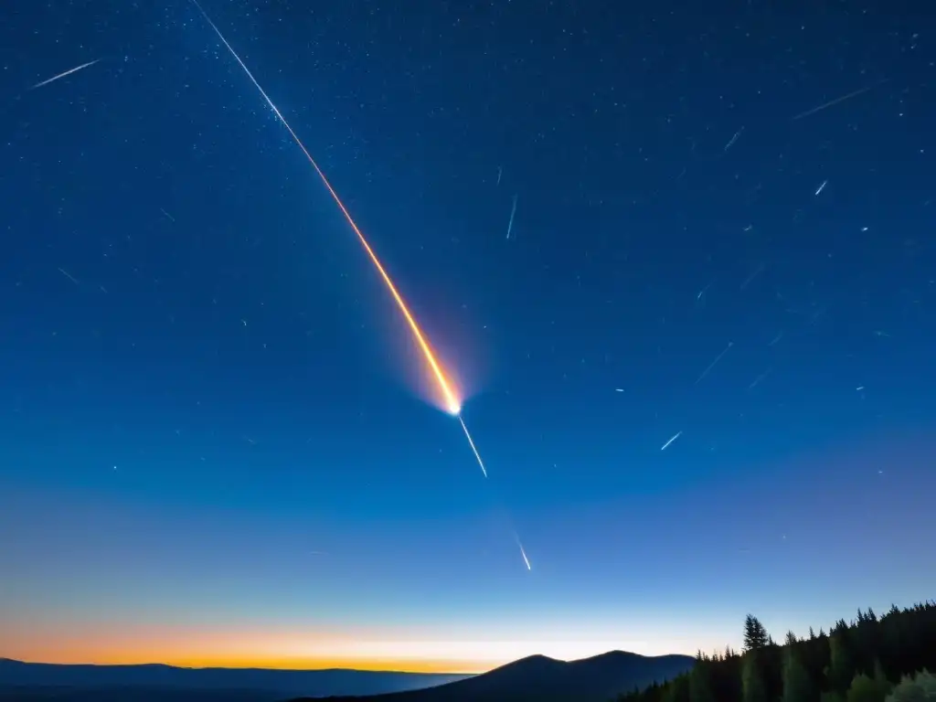 Espectacular meteorito en la noche: Perseidas en alta resolución Espectacular fotografía de un meteoro surcando el cielo nocturno durante las Perseidas, mostrando la belleza de los fenómenos naturales Perseidas