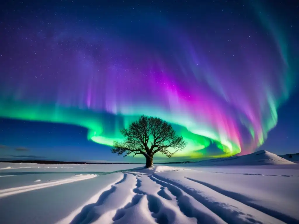 Aurora Boreal sobre la tundra escandinava: una danza hipnotizante Espectacular aurora boreal sobre la tundra escandinava nevada, creando un paisaje de ecoturismo mágico y remoto