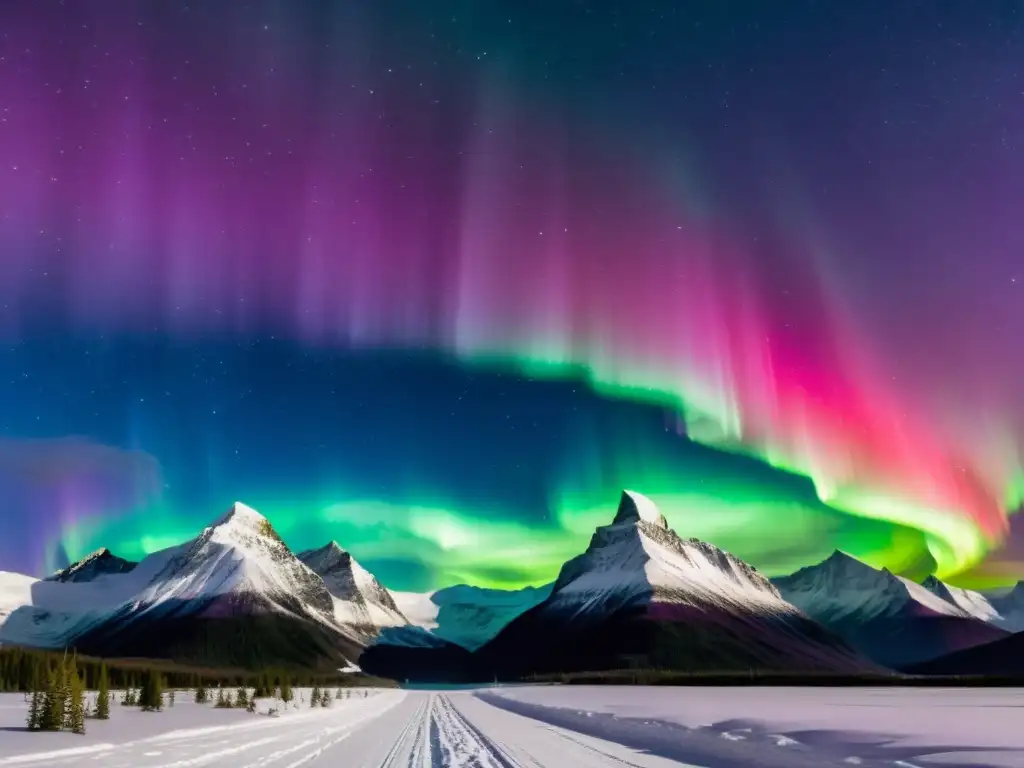 Aurora boreal hipnótica: danza de colores en el cielo nocturno Espectacular aurora boreal con variaciones cromáticas en el cielo nocturno, estrellas titilantes y silueta de montañas lejanas
