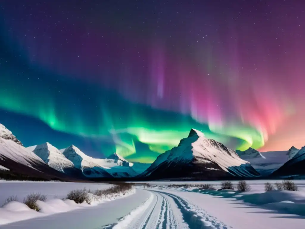 Aurora Boreal: Danza de colores en el cielo nocturno Espectacular aurora boreal con vibrantes variaciones cromáticas sobre un paisaje nevado, creando un espectáculo celestial hipnotizante