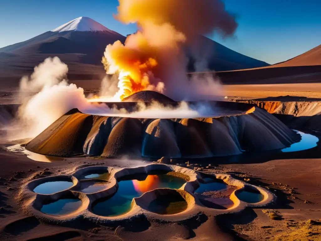 Espectacular amanecer sobre geysers en Desierto de Atacama Espectacular vista de fumarolas y géiseres en el Desierto de Atacama al amanecer, mostrando la belleza de los fenómenos naturales volcánicos