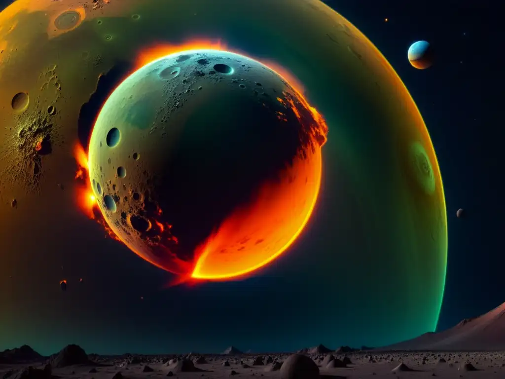 Erupción volcánica en Io: Espectáculo caótico en la luna de Júpiter Espectacular erupción volcánica en otro planeta: lava ardiente y gases en el aire crean un espectáculo caótico en el espacio