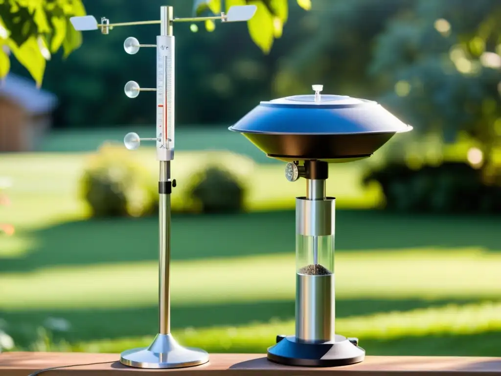 Una estación meteorológica casera detallada se integra a la naturaleza, con instrumentos y un display, iluminada por el sol