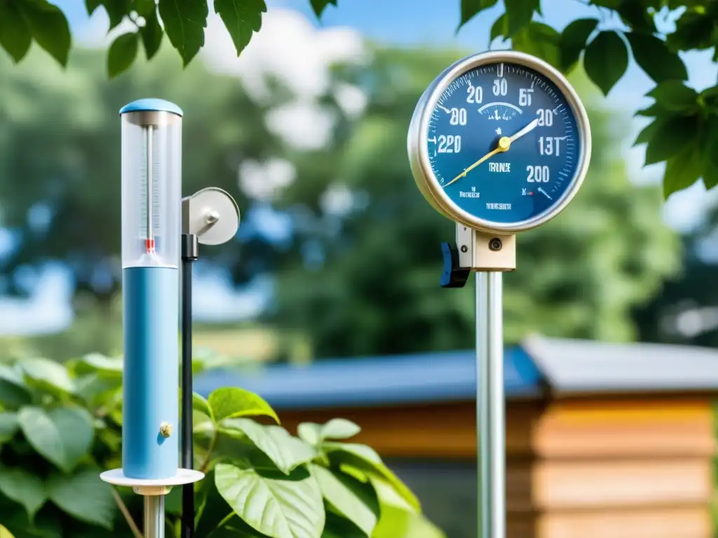 Una estación meteorológica casera meticulosamente ensamblada en un jardín, con un anemómetro, pluviómetro y sensor de temperatura