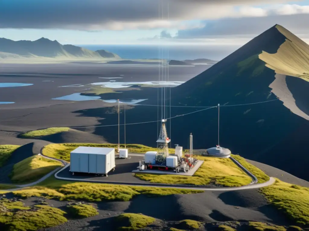 Estación Sísmica: Tecnología y Movimiento de Placas Una estación sísmica detallada en primer plano, con sensores e instrumentos, muestra la convergencia de la tecnología y la naturaleza