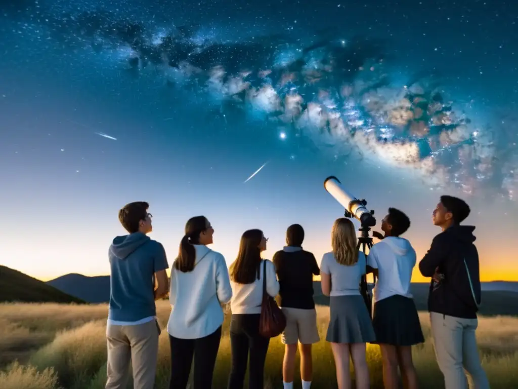 Estudiantes maravillados observando estrellas con telescopio Estudiantes disfrutan de aplicaciones educativas de astronomía al observar el universo a través de un telescopio en una noche estrellada