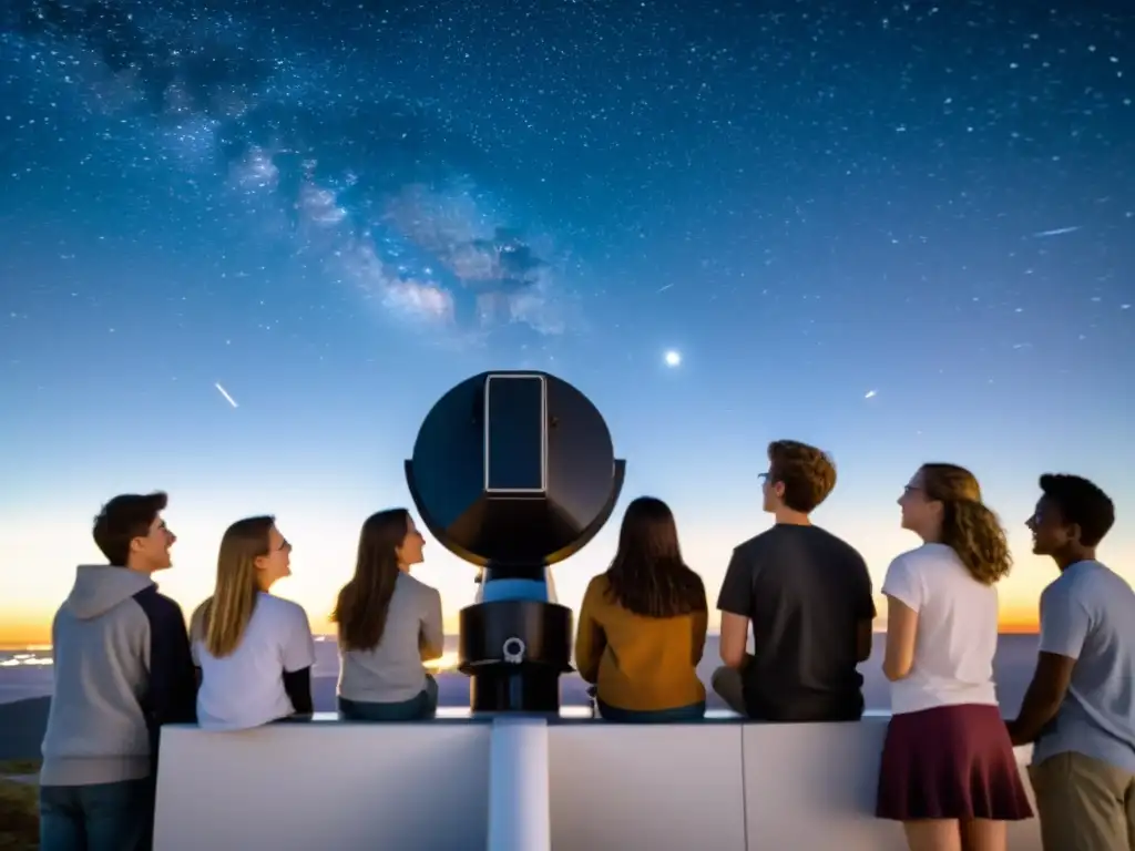 Estudiantes asombrados observando estrellas Estudiantes observando estrellas a través de un telescopio en una aplicación educativa de astronomía universo