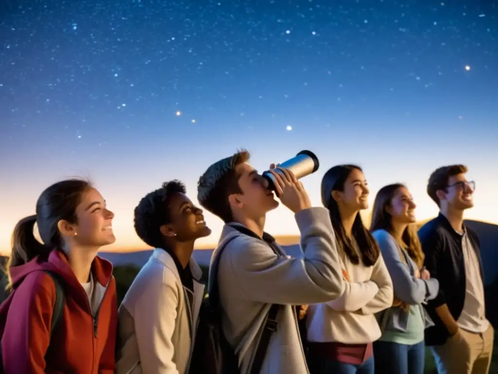 Explorando el universo: estudiantes asombrados junto al telescopio Estudiantes observando a través de un telescopio en una noche estrellada
