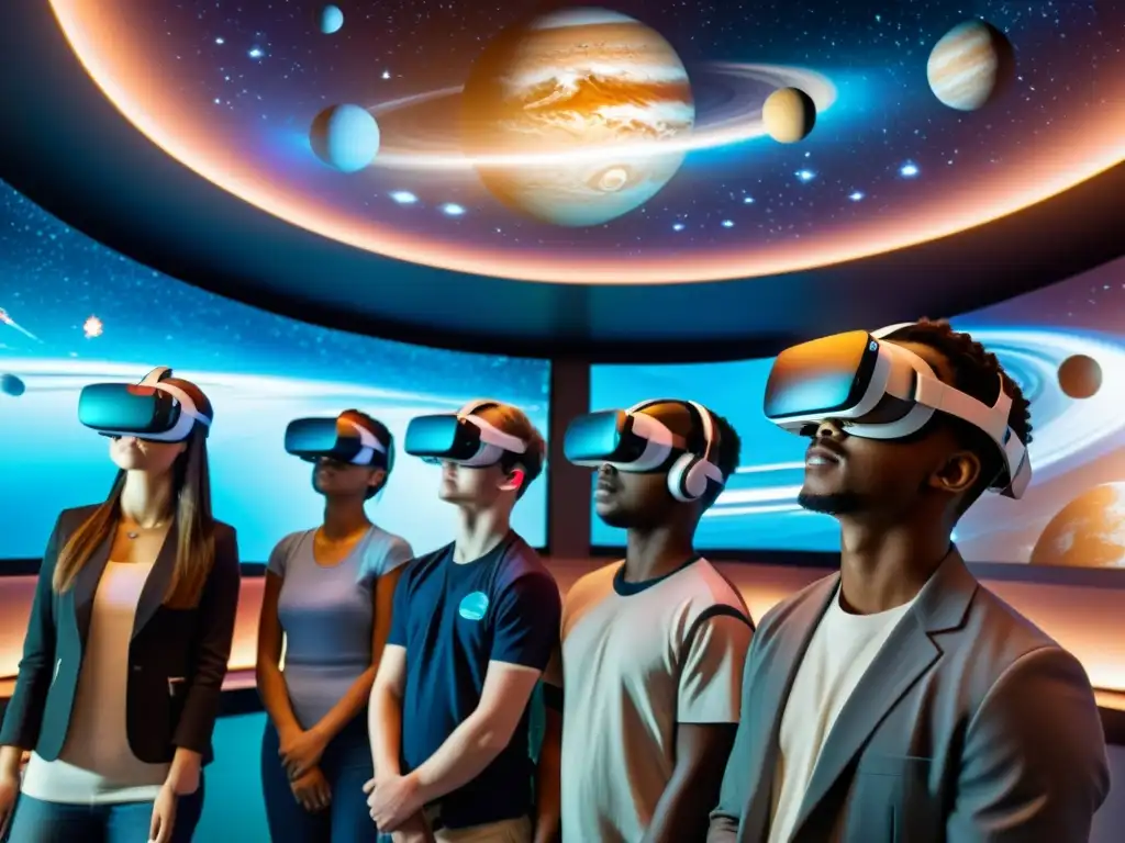 Estudiantes inmersos en realidad virtual exploran el cosmos Estudiantes exploran el universo con aplicaciones educativas de astronomía, inmersos en realidad virtual futurista