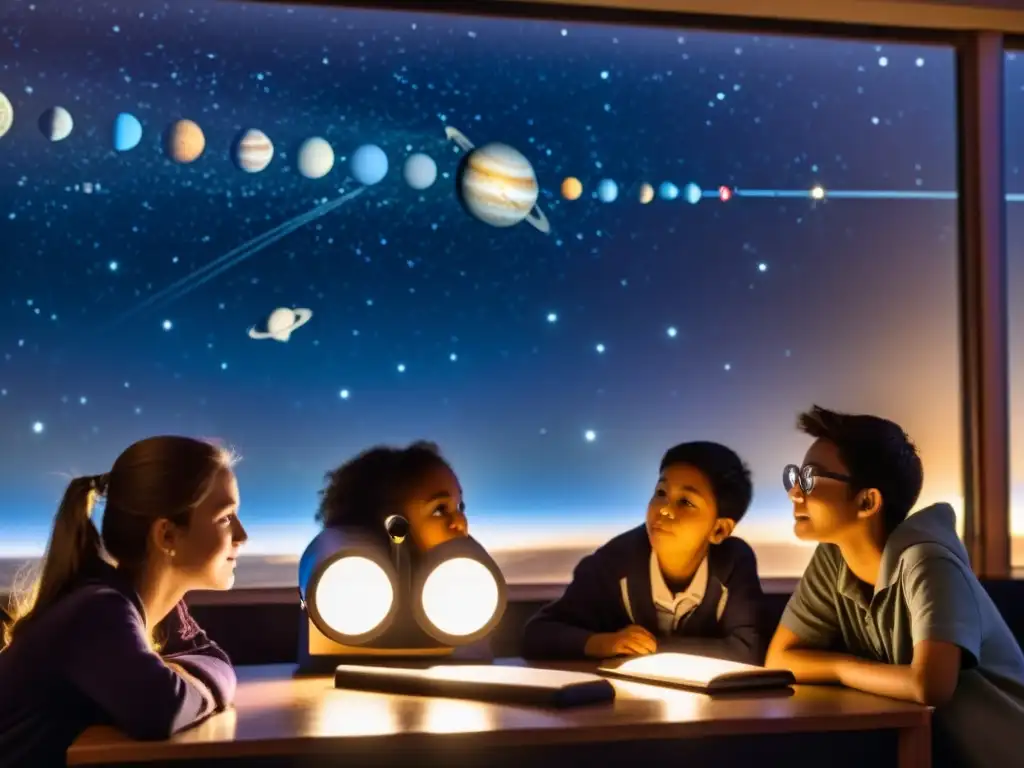 Explorando el Universo: Estudiantes observando las estrellas con entusiasmo Estudiantes observan el universo a través de un telescopio en un aula oscura, con aplicaciones educativas astronomía universo