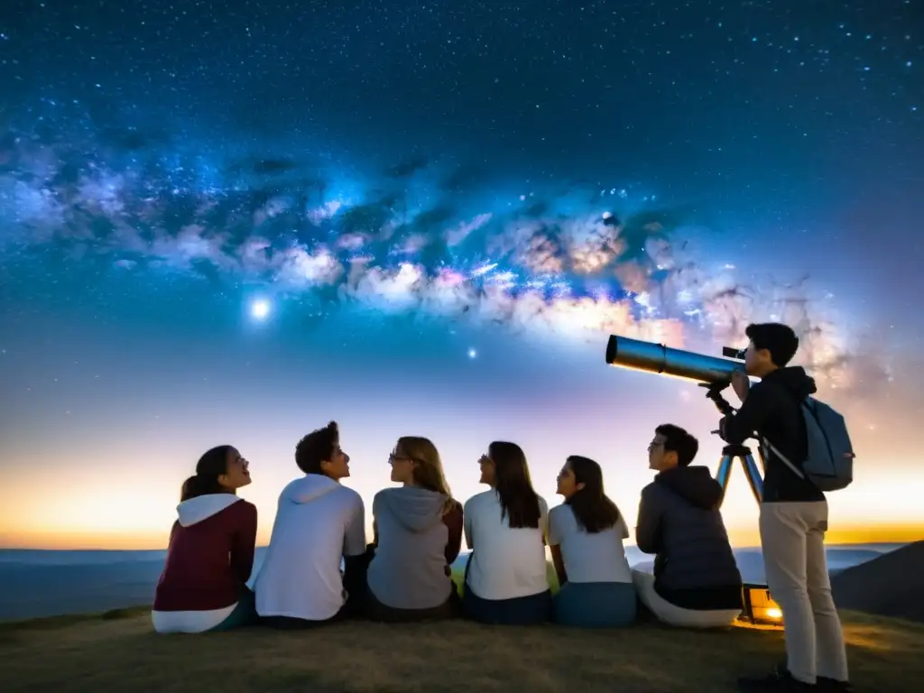 Estudiantes maravillados observando la Vía Láctea Estudiantes observando el universo a través de un telescopio en una noche estrellada